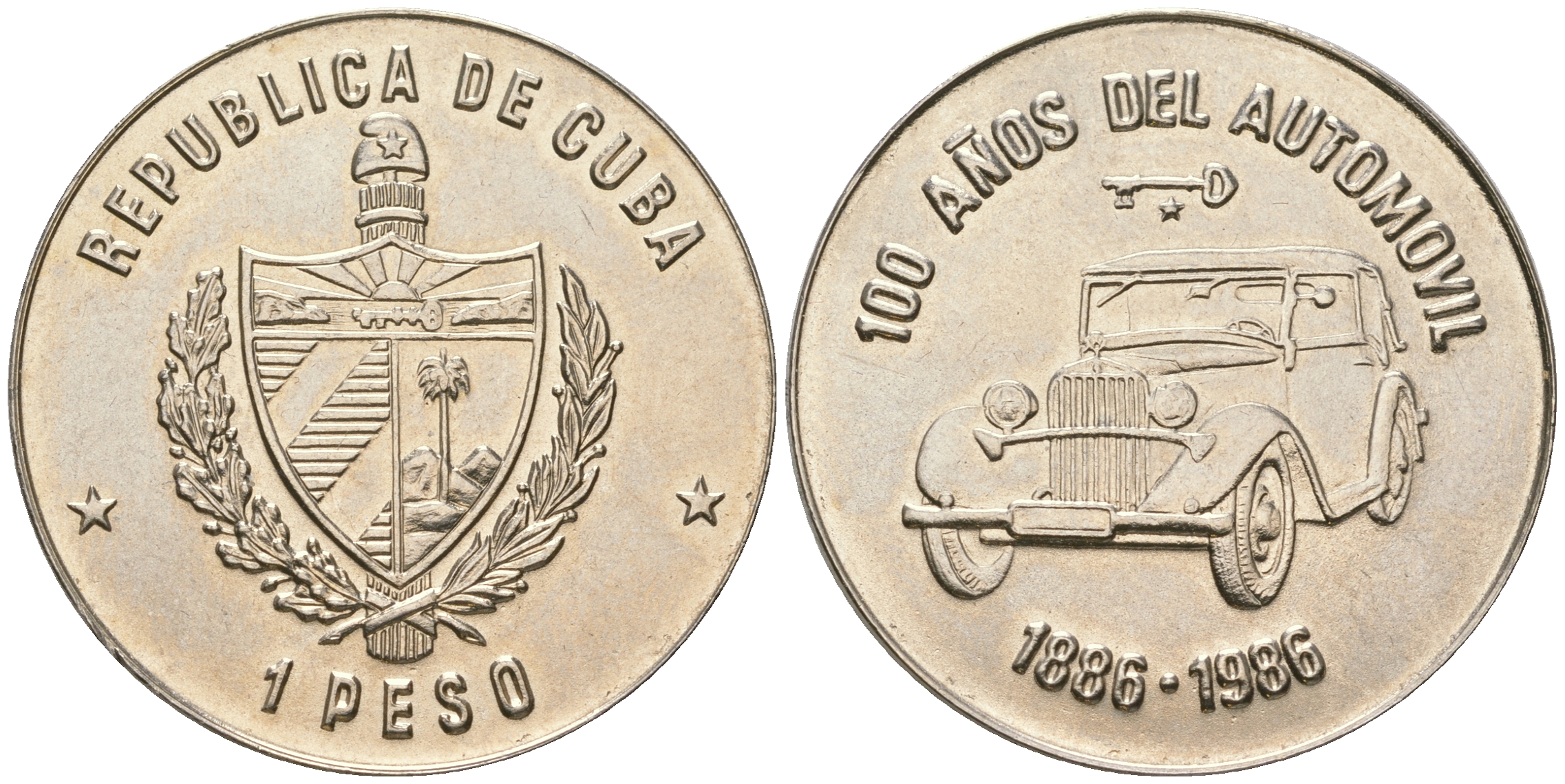 Куба 1 песо 1986 100 лет автомобилю Бенца KM 134 медно-никель  UNC  4403-812