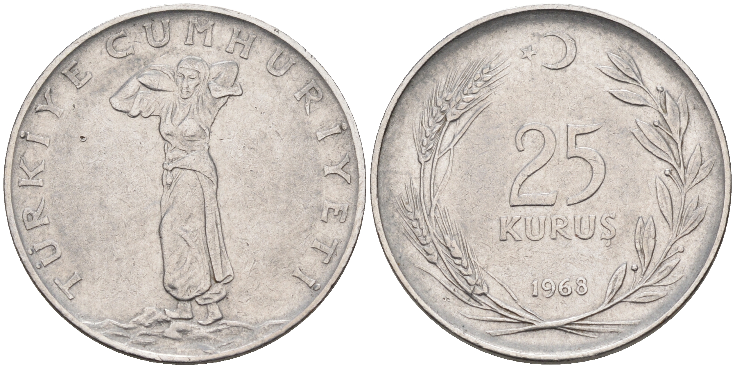 Турция 25 куруш 1968  KM 892.3 сталь 4595-511