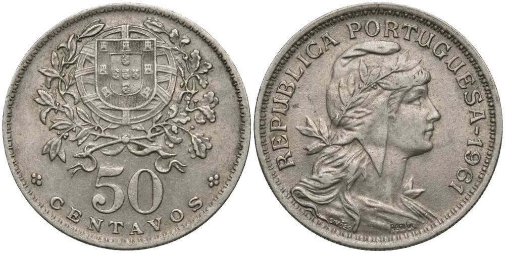Португалия 50 сентаво 1961 голова Свободы вправо KM 577 медно-никель 27-312