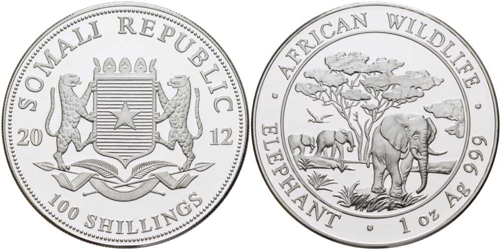 Сомали 100 шиллингов 2012 серия охрана окружающей среды, африканские слоны, 1 унция KM NEW серебро PROOF 1076-7-52