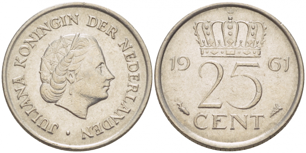 НИДЕРЛАНДЫ 25 ЦЕНТОВ 1961 ЮЛИАНА KM 183 никель 214-747
