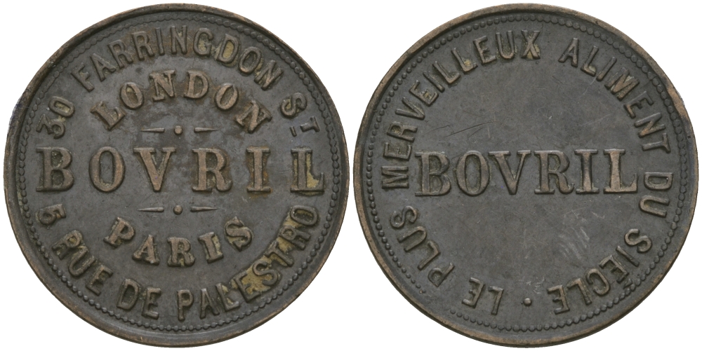 Англия жетон, токен ND BOVRIL, КОМПАНИЯ, ЛОНДОН-ПАРИЖ, В 50 РАЗ БОЛЬШЕ МЯСА, РЕКЛАМНЫЙ ТОКЕН КОНЦЕНТРАТА МЯСНОГО БУЛЬОНА, ДИАМЕТР 21,5 ММ. бронза 99-459