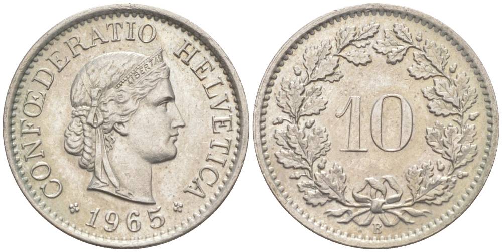 Швейцария 10 раппенов 1965 В KM 27 медно-никель 55-347