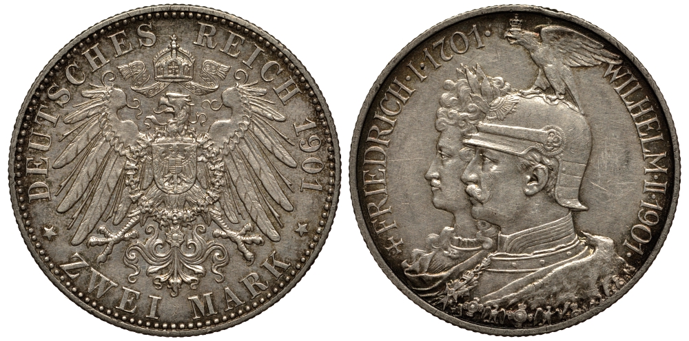 Пруссия 2 марки 1901 A, 200 лет Прусской королевской династии (Фридрих I - Вильгельм II) J.105, Weege 105, KM 525 серебро 413-5325