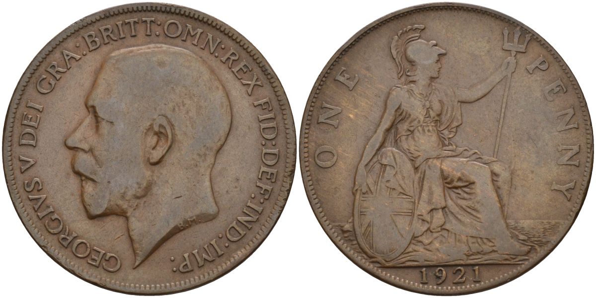 Великобритания 1 пенни 1921 Георг V (1910-1936) KM 810, Spink 4051 бронза 4149-725
