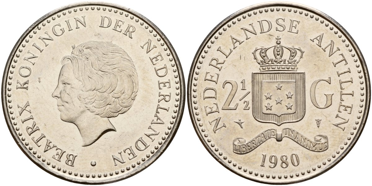 Нидерландские Антилы 2 1/2 гульдена 1980 Беатрикс (1980-2013) KM 19 никель UNC 4179-425