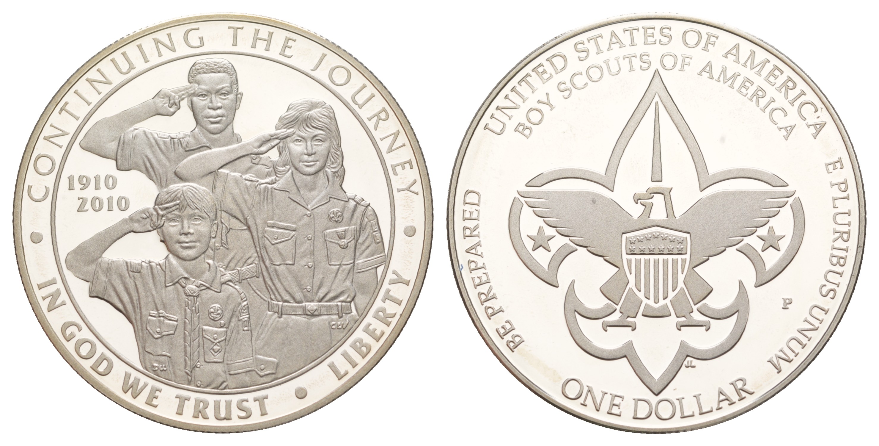 США 1 доллар 2010 100 лет бойскаутам Америки, в оригинальной коробке, с сертификатом KM 480 серебро PROOF 3-4-10-10