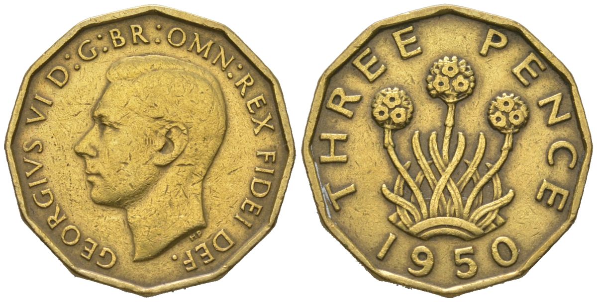 Великобритания 3 пенса 1950 Георг VI (1936-1952), редкий год KM 873, Spink 4113 никель латунь 4163-717