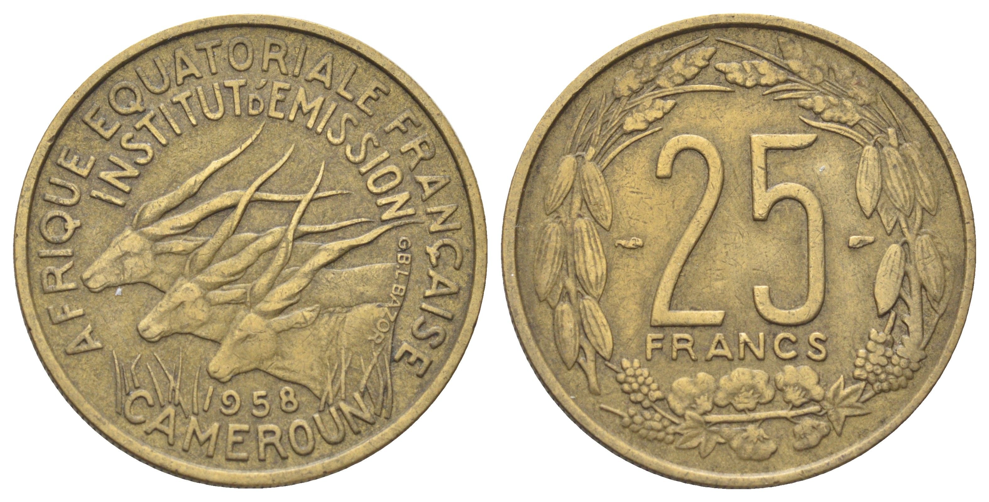 Французская Экваториальная Африка, Камерун 25 франков 1958 год-тип KM 12 алюминиевая бронза 63-227