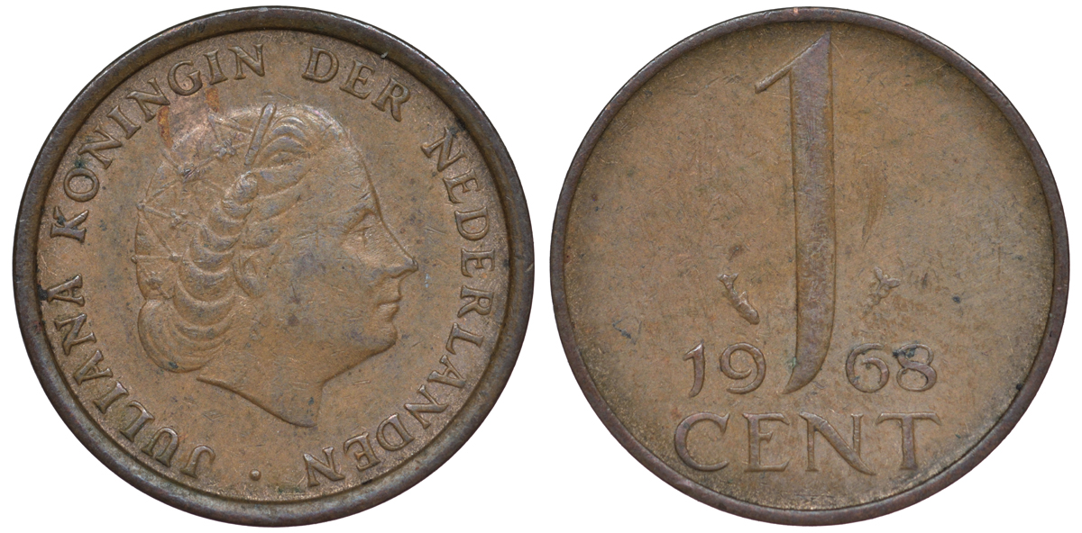 НИДЕРЛАНДЫ 1 ЦЕНТ 1968 ЮЛИАНА KM 180 бронза 45-1244