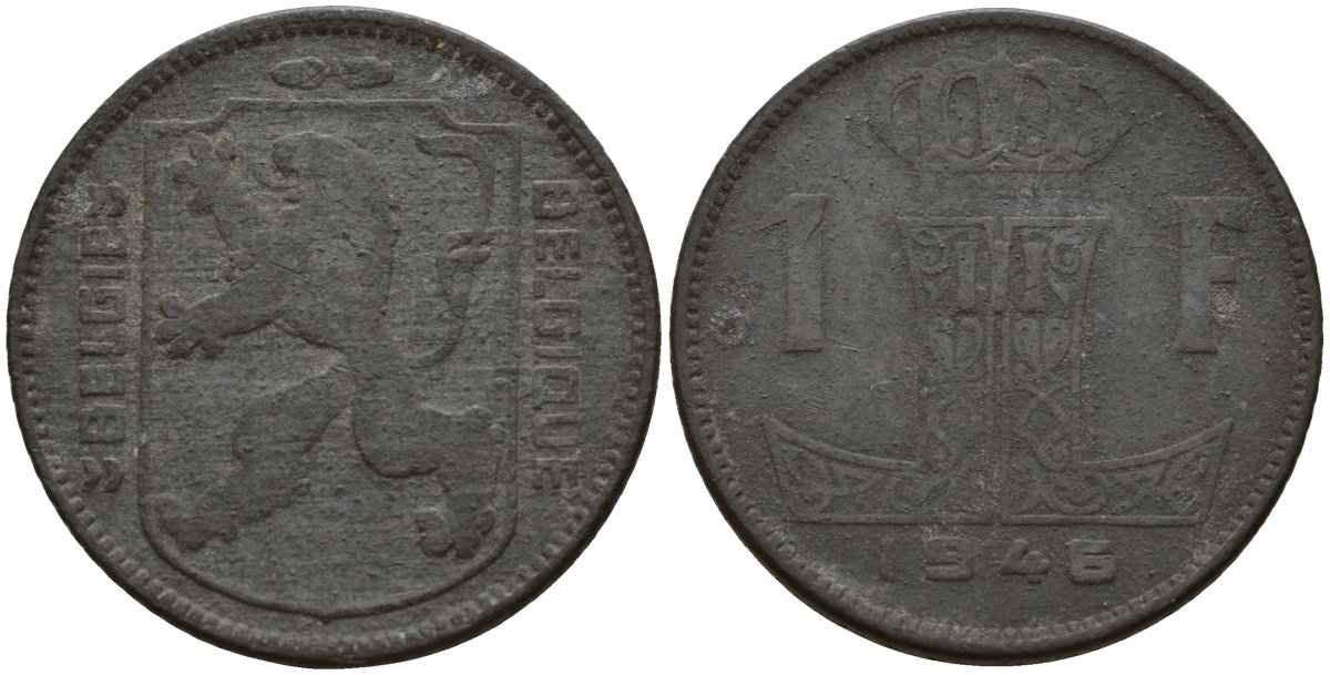Бельгия 1 франк 1946 Belgie - Belgique, Леопольд III (1934-1947), германская оккупация, Вторая мировая война KM 128 цинк 4161-622