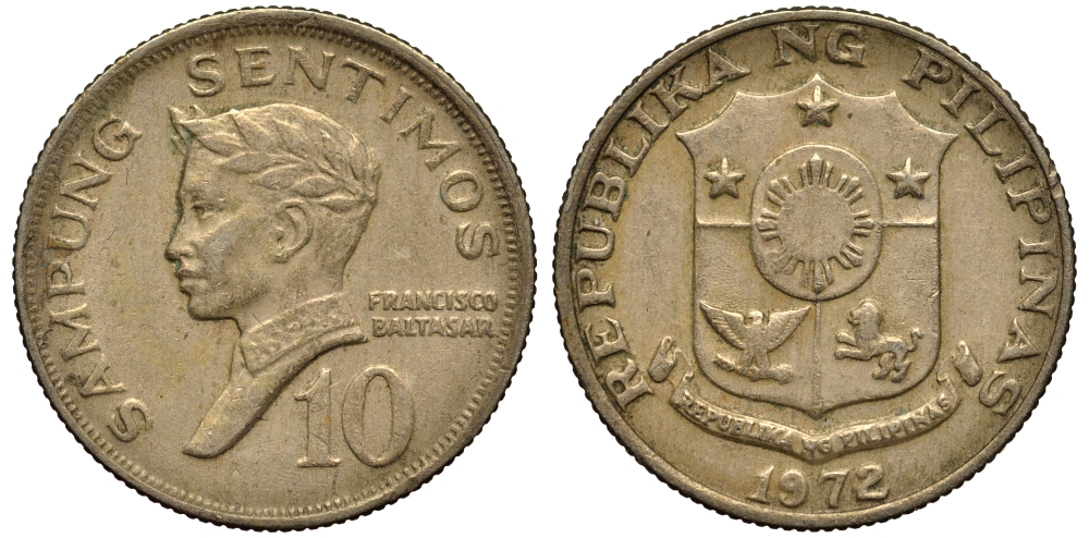ФИЛИППИНЫ 10 СЕНТИМО 1972 ПОЭТ ФРАНСИСКО БАЛЬТАСАР KM 198 медь цинк никель F 4181-252