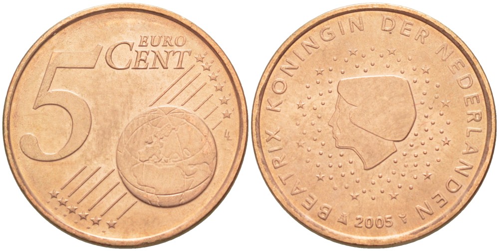НИДЕРЛАНДЫ 5 ЕВРОЦЕНТОВ 2005 БЕАТРИКС KM 226 сталь плакированная медью 4543-231