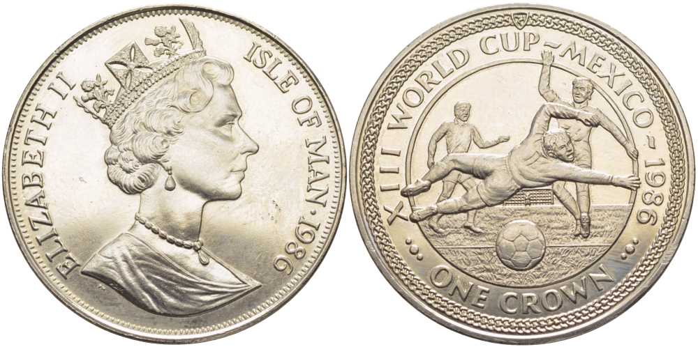 Остров Мэн 1 крона 1986 чемпионат мира по футболу 1986 года в Мексике, три игрока, гол KM 161 медно-никель UNC 107-815