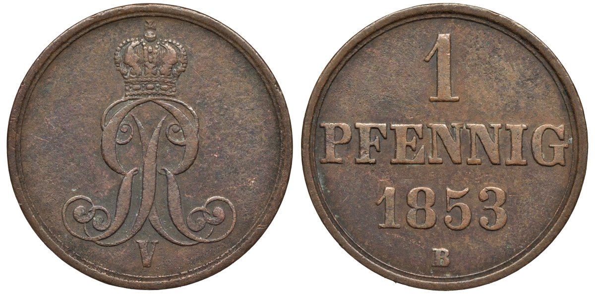 Ганновер 1 пфенниг 1853 B, Георг V KM 221, AKS 155, J. 83 медь 4594-243