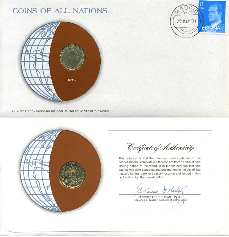 ИСПАНИЯ 1 ПЕСЕТА 1966 (73) конверт с маркой первого дня гашения, Coins of Nations KM 796 алюминиевая бронза UNC 4294-62-2