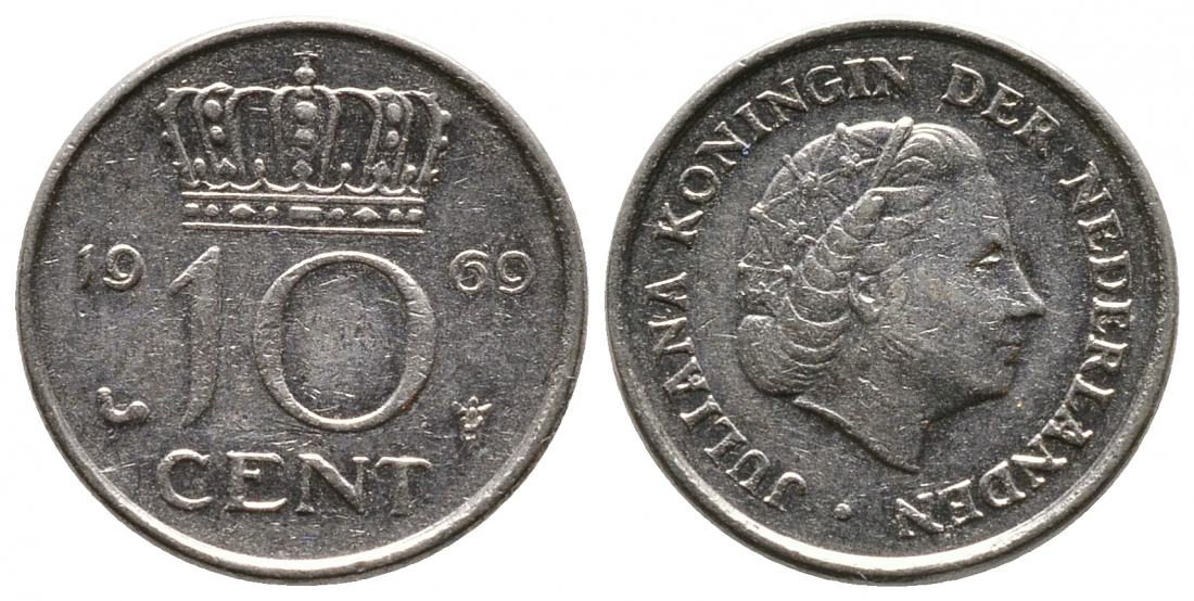 Нидерланды 10 центов 1969 Юлиана (1948-1980) KM 182 никель 75-1055