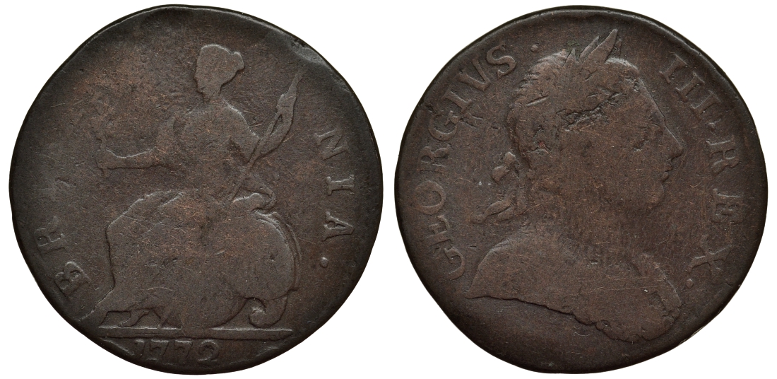 Великобритания 1/2 пенни 1772 Георг III (1760-1820) Spink 3774 медь    1523-1312