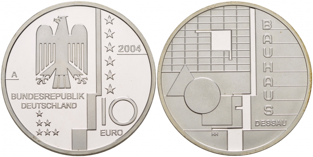 ФРГ 10 евро 2004 A, Баухауз в Дессау, геометрия KM 230, DE.S 10.13 серебро PROOF 00-00