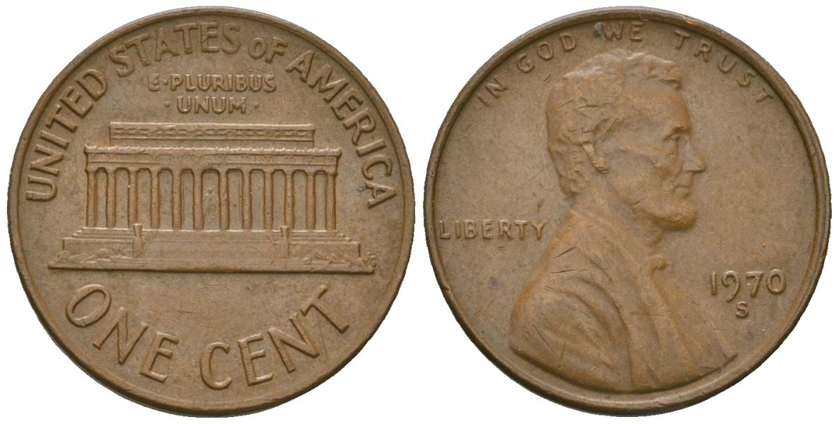 США 1 цент 1970 S (Сан-Франциско), Авраам Линкольн KM 201 медь цинк 4516-912
