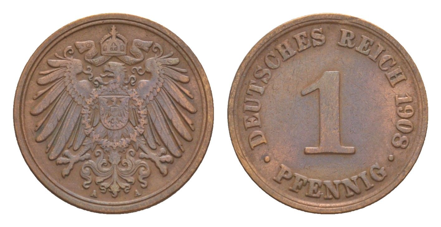Германия 1 пфенниг 1908 A, Вильгельм II (1888-1918) KM 10, J. 10 медь 4639-1134