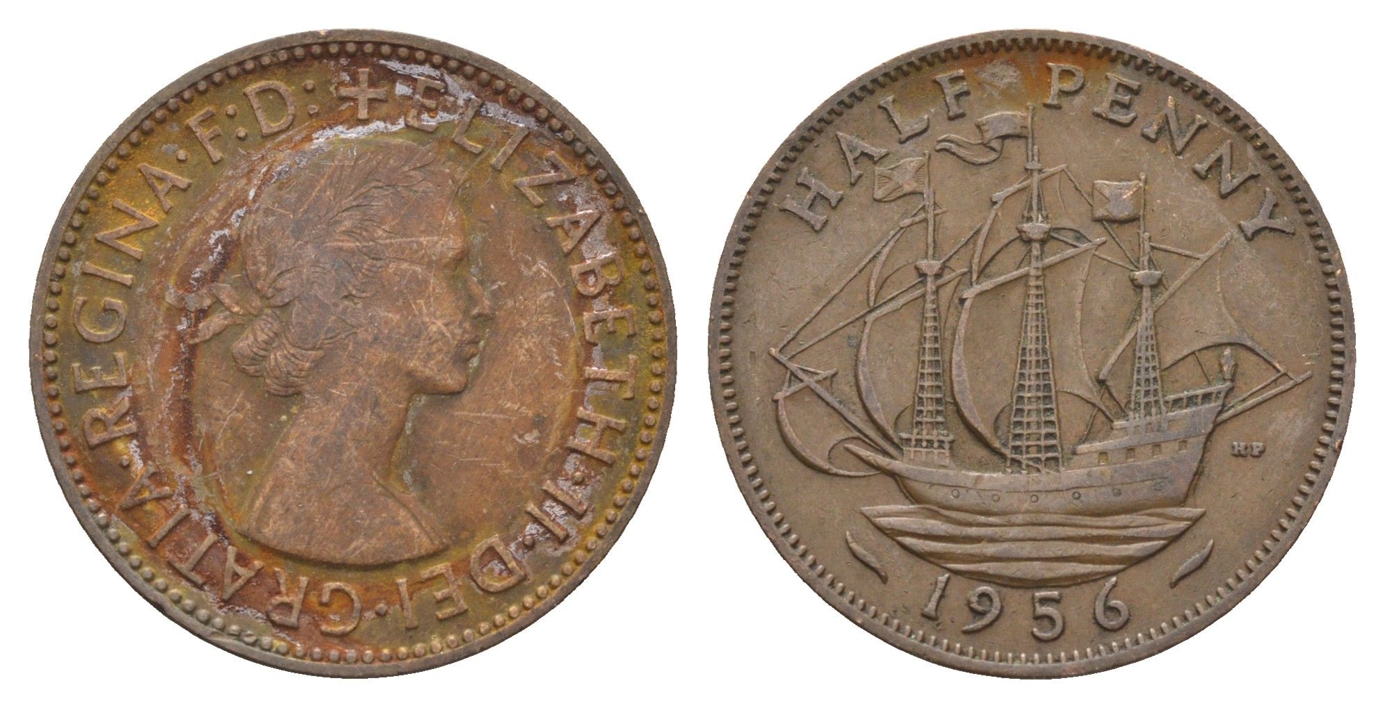 Великобритания 1/2 пенни 1956 Елизавета II (1952-2022) KM 896, Spink 4158 бронза 4662-1137