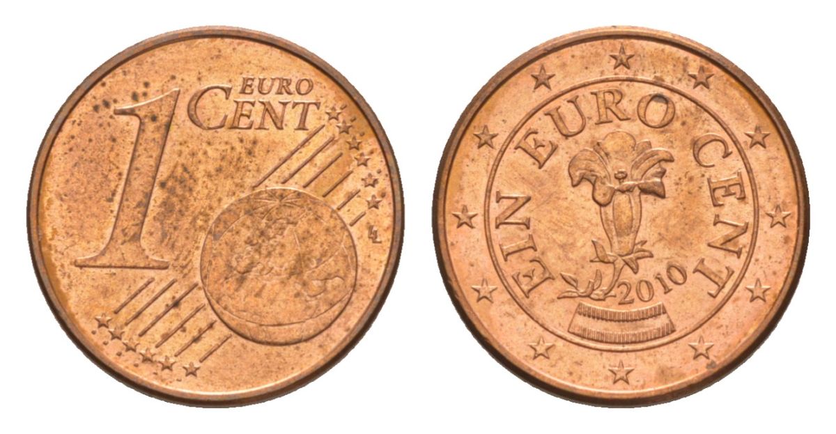 Австрия 1 евроцент 2010 KM 3082 сталь плакированная медью aUNC 4630-445