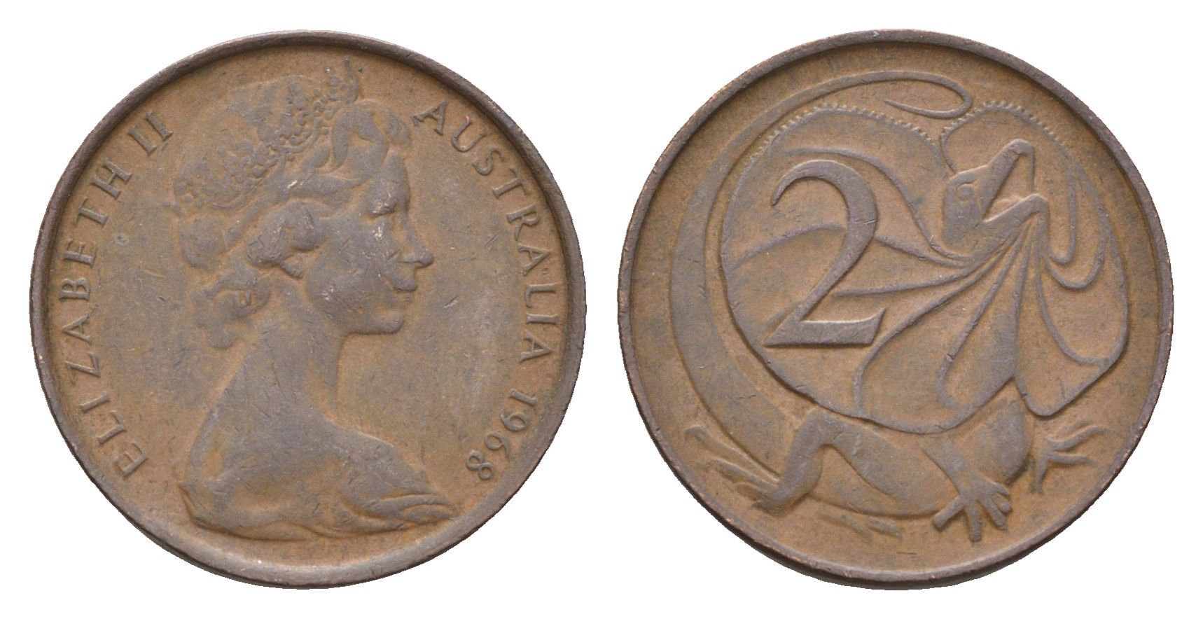 Австралия 2 цента 1968 Елизавета II (1952-2022), молодой портрерт, плащеносная ящерица KM 63 бронза 4669-562