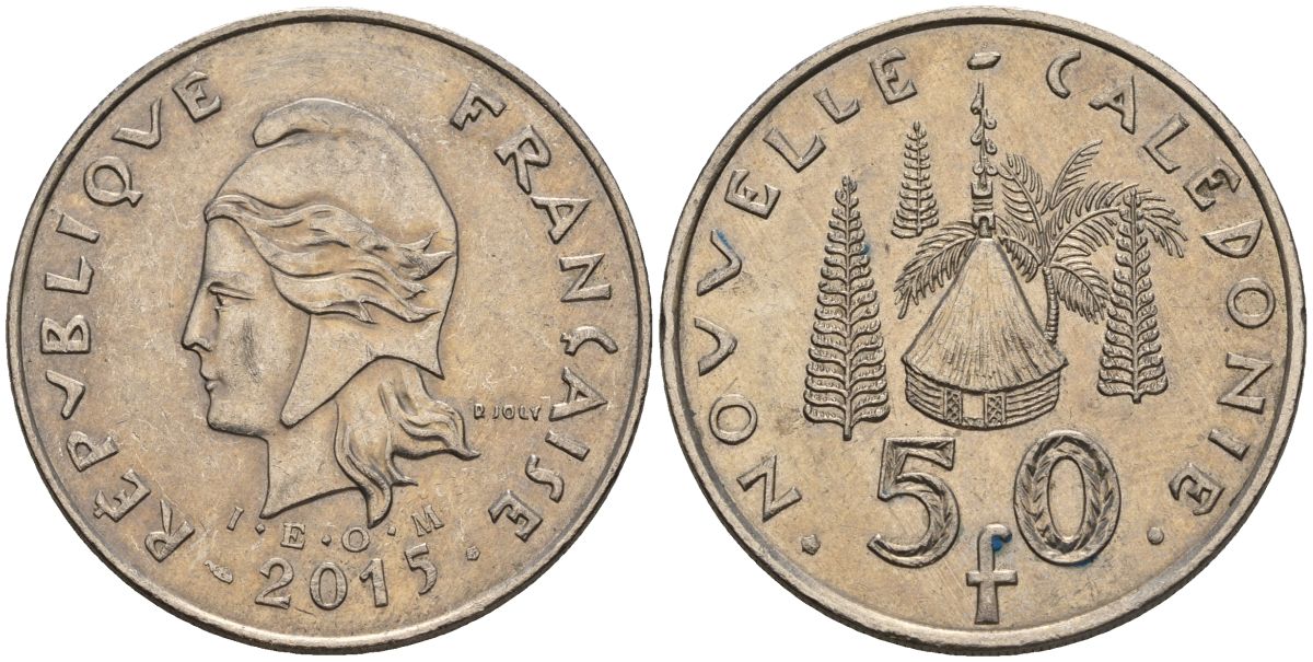 Французская Новая Каледония 50 франков 2015 хижина среди сосен и пальм, (IEOM) KM 13a, Schoen 15a, Lec 128i медно-никель 4111-1213