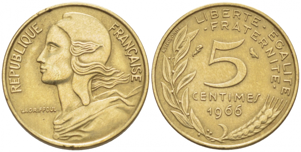 ФРАНЦИЯ 5 САНТИМОВ 1966 ТИП MARIANNE KM 933, LE FRANC 125.2 алюминиевая бронза 112-825