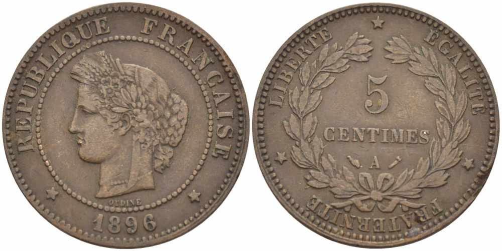 ФРАНЦИЯ 5 САНТИМОВ 1896 A, ТРЕТЬЯ РЕСПУБЛИКА (1871-1940) KM 821.1, LE FRANC 118.38 бронза 108-742