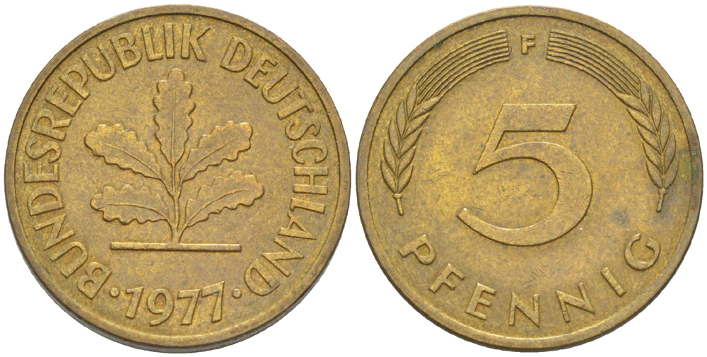 ФРГ 5 ПФЕННИГОВ 1977 F KM 107, J. 382 сталь плакированная латунью 4181-956