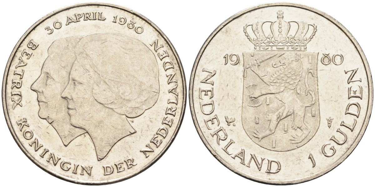 Нидерланды 1 гульден 1980 на коронацию Беатрикс, 30 апреля 1980 KM 200 никель 4584-234