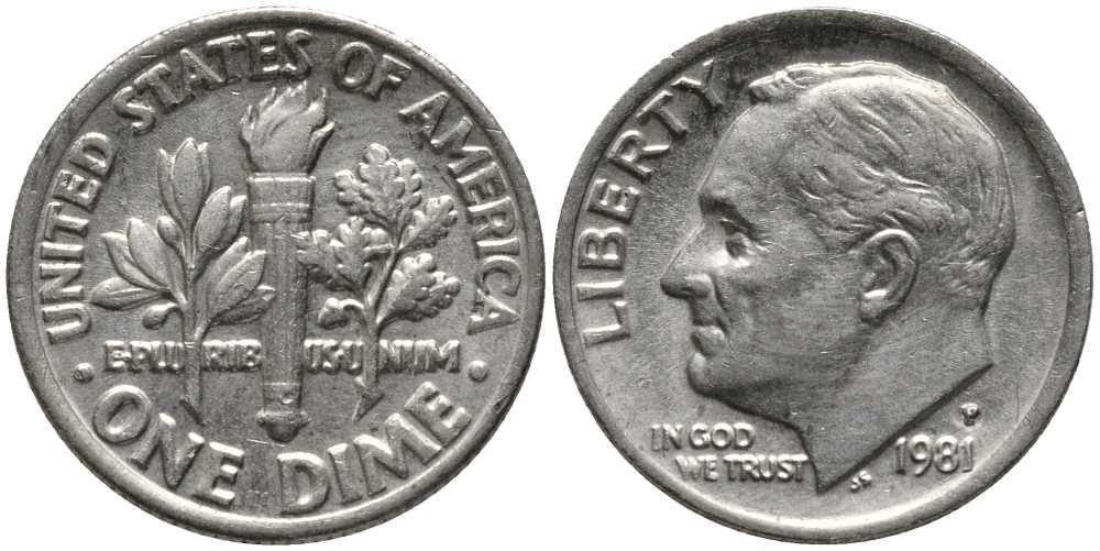 США 10 ЦЕНТОВ = 1 ДАЙМ 1981 Р, РУЗВЕЛЬТ KM 195а медь плакированная медно-никелем 112-638