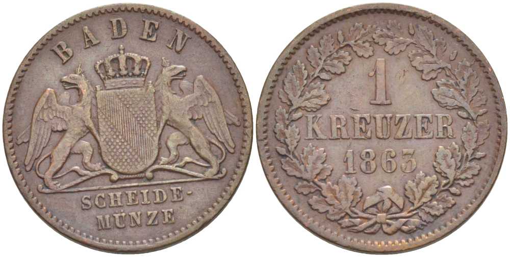 Баден 1 крейцер 1863 Великий Герцог Фридрих I (1856-1907) КМ 242 медь 117-831