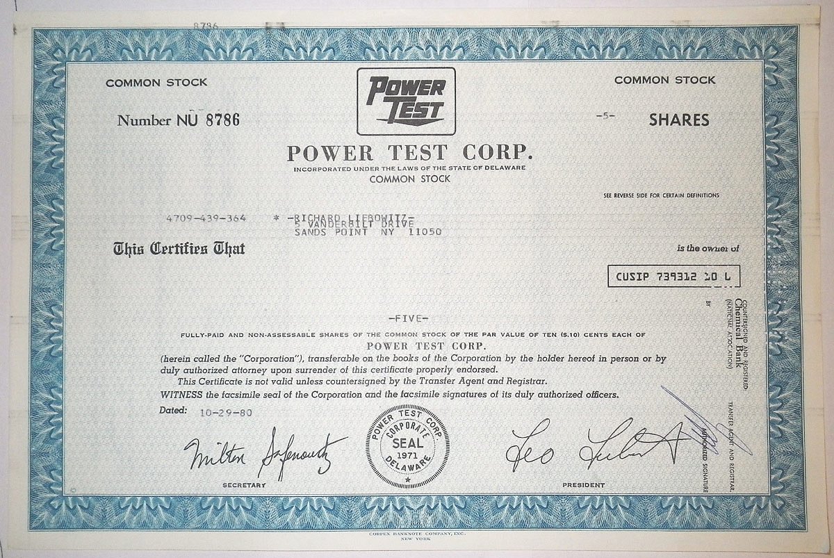 США, Power Test Corp. 5 акций 1980 бумага 8805-30-1