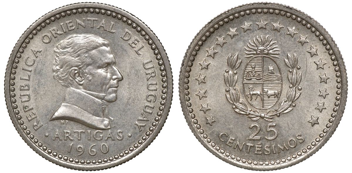Уругвай 25 сентесимо 1960 KM 40 медно-никель 4169-915