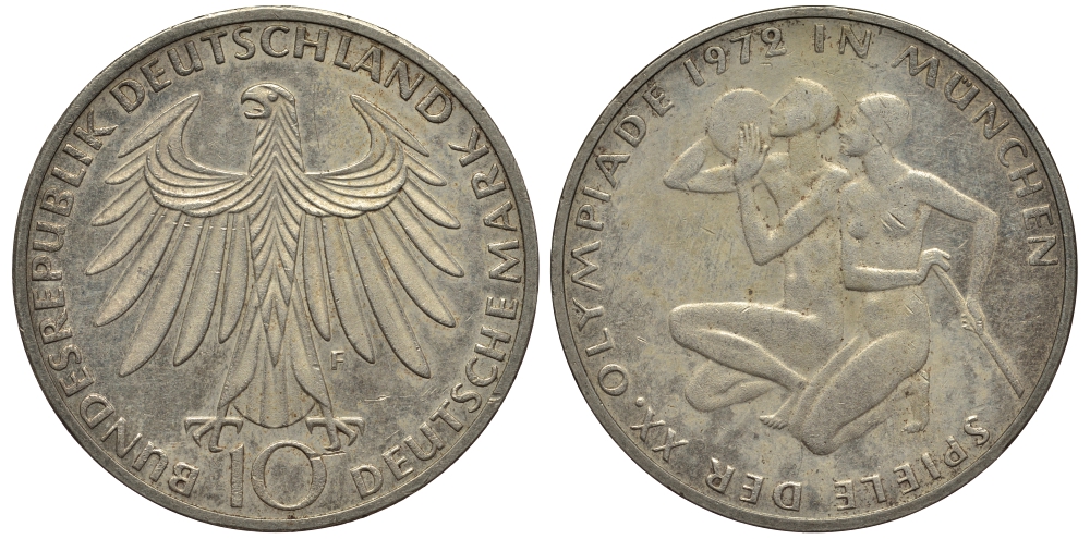ФРГ 10 марок 1972 F, XX летние Олимпийские Игры, Мюнхен 1972, спортсмены KM 132, J.403 серебро 413-4841
