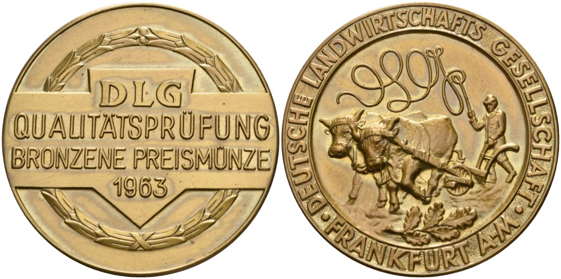 Германия, Франкфурт на Майне медаль 1963 СЕЛЬСКОХОЗЯЙСТВЕННОГО ОБЩЕСТВА Франкфурта, БРОНЗОВАЯ медаль КОНТРОЛЯ КАЧЕСТВА, диаметр 40,5 мм., DLG жёлтый металл 06-271-32