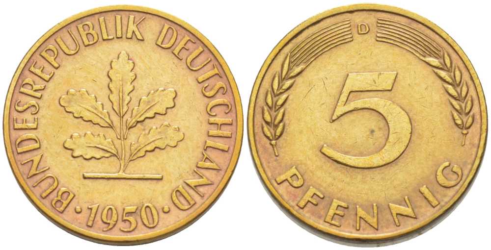 ФРГ 5 ПФЕННИГОВ 1950 D KM 107, J.382 сталь плакированная латунью 206-1131