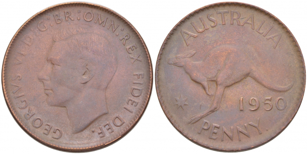 АВСТРАЛИЯ 1 ПЕННИ 1950 p, ГЕОРГ VI (1936-1952), КЕНГУРУ KM 43 бронза 4403-934
