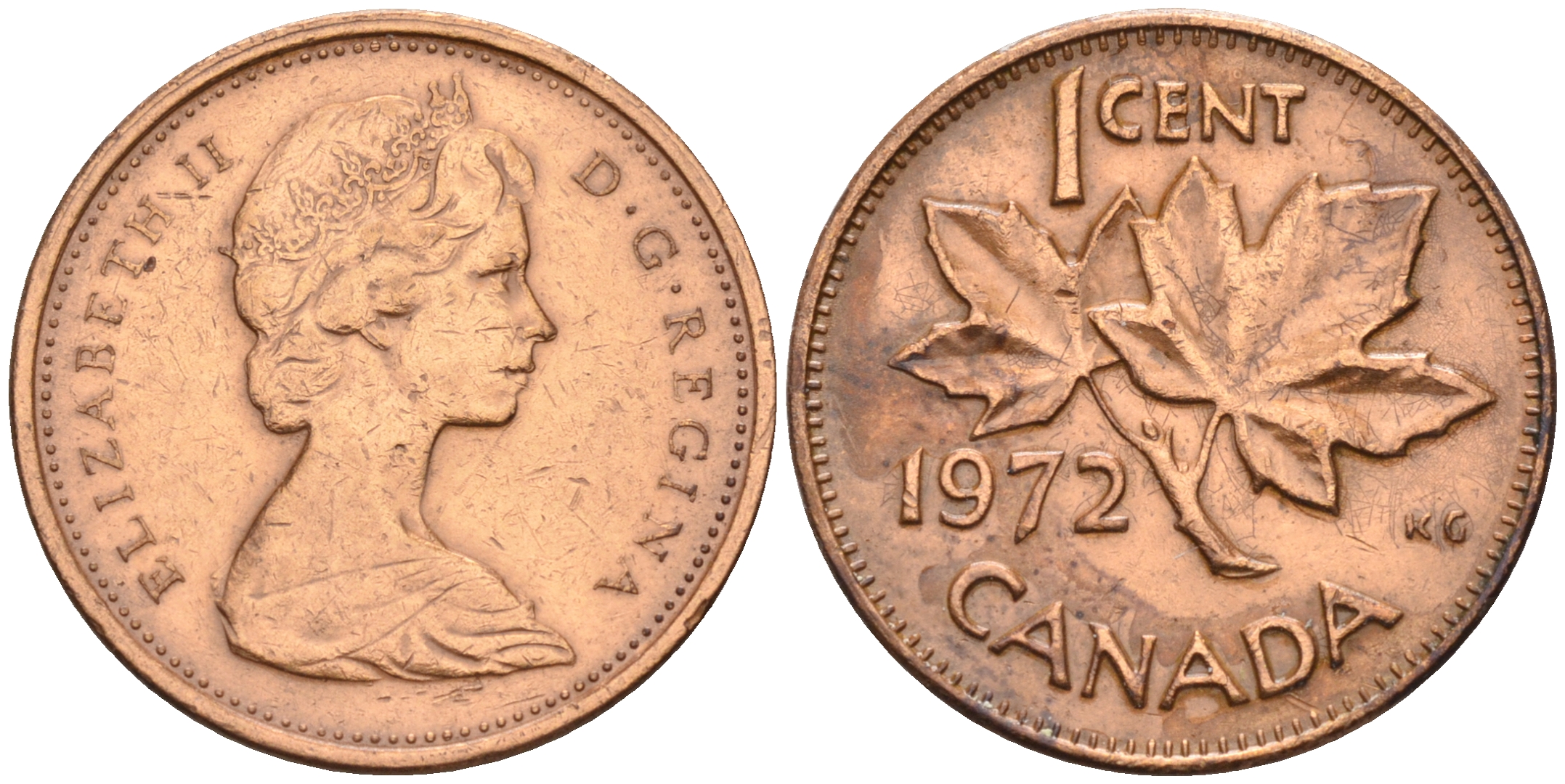Канада 1 цент 1972 Елизавета II (1952-2022), кленовый лист KM 59.1 бронза    4115-258