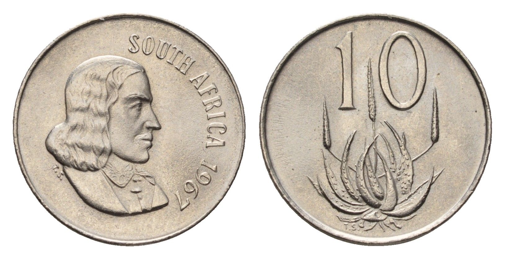 ЮАР 10 центов 1967 Ян ван Рибек (1619-1677), South Africa, легенда на африкаанс, цветок алоэ KM 68.1 никель BU 4690-1061