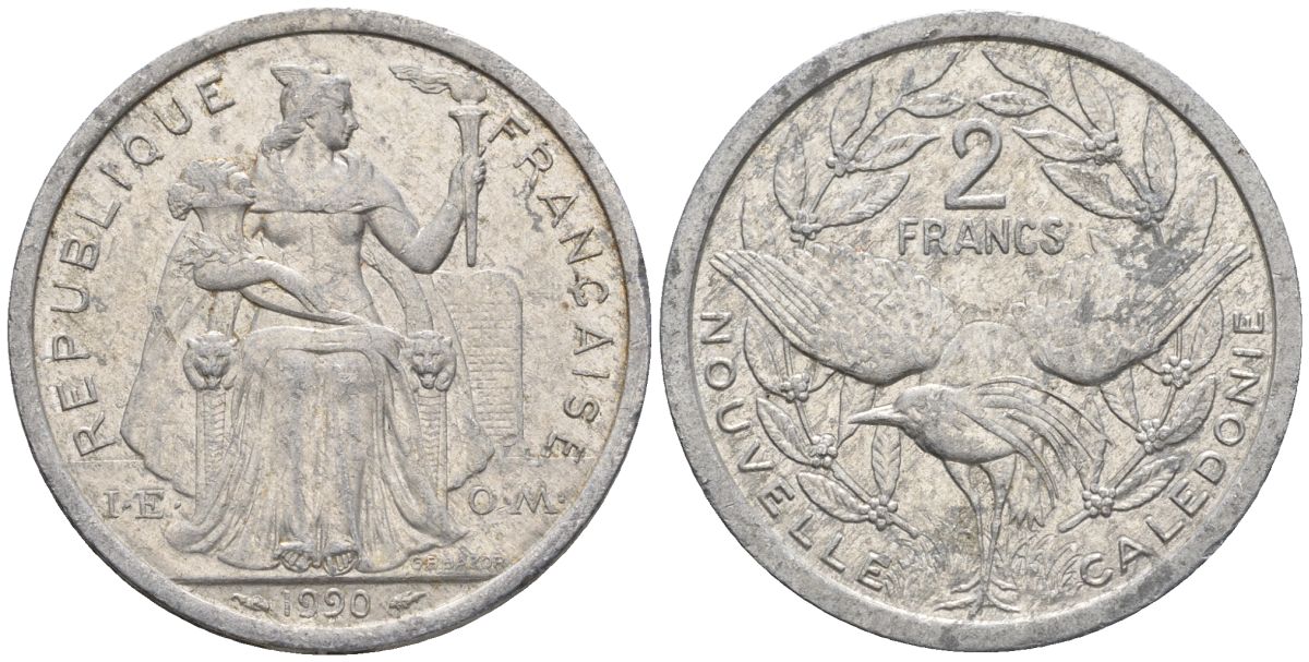 Французская Новая Каледония 2 франка 1990 птица кагу, (IEOM) KM 14, Schoen 11, Lec 66 алюминий    24-1011