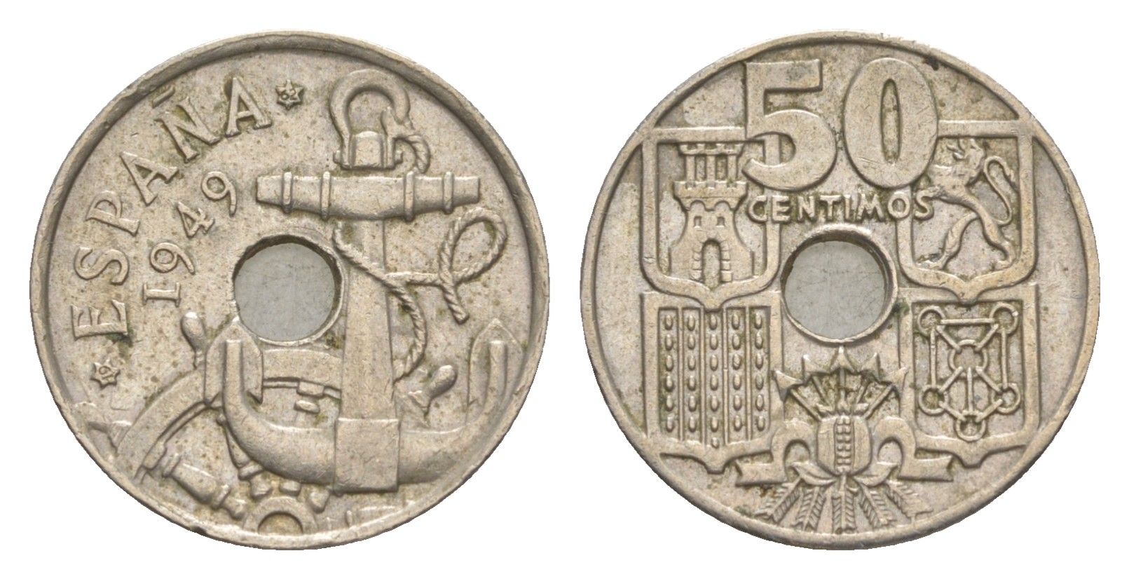 Испания 50 сентимо 1949 (62) Франсиско Франко (1939-1975) KM 777 медно-никель 4623-646