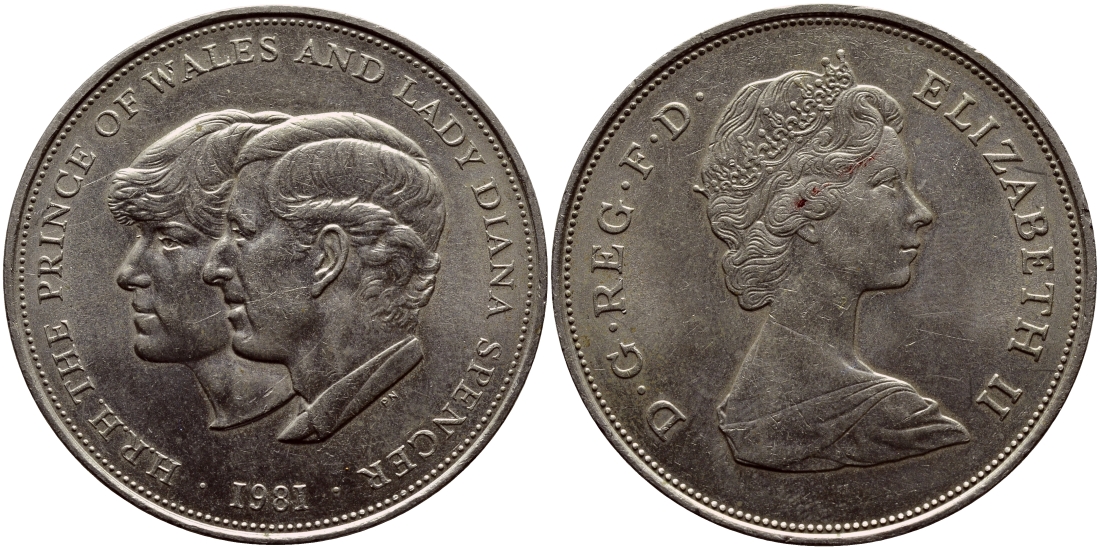 Великобритания 25 пенсов 1981 Королевская свадьба принца Чарльза и леди Дианы, Елизавета II (1952-2022) KM 925, Spink 4229 медно-никель 4368-624