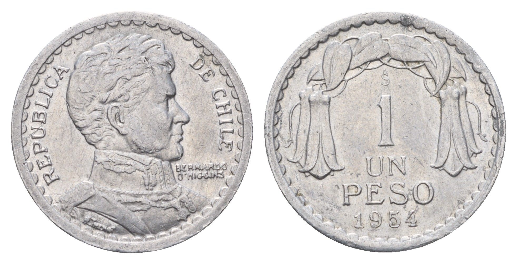 Чили 1 песо 1954 KM 179a алюминий 4688-331