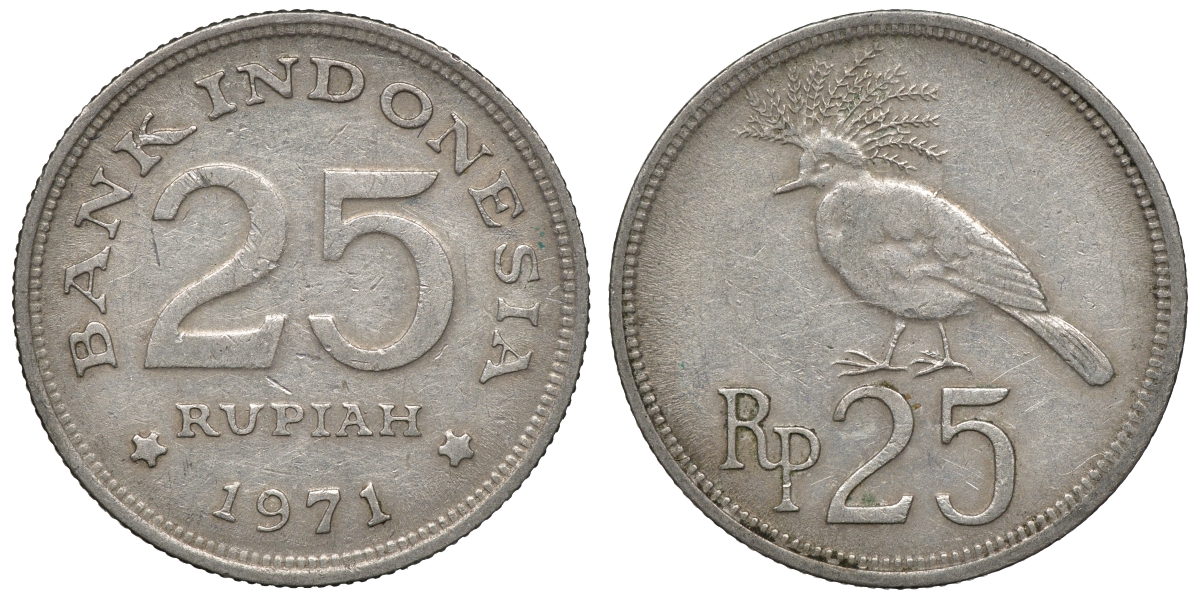 Индонезия 25 рупий 1971 венценосный голубь KM 34 медно-никель 4118-156