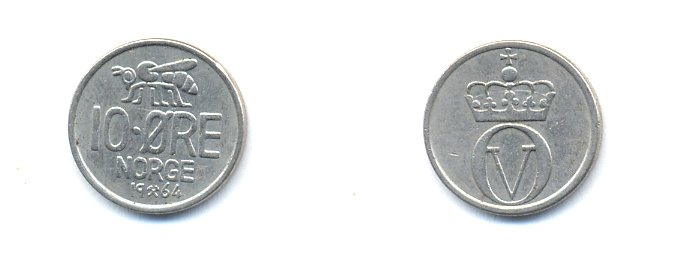 Норвегия 10 эре 1964 пчела, Улаф V (1958-1991) KM 411 медно-никель 4379-951