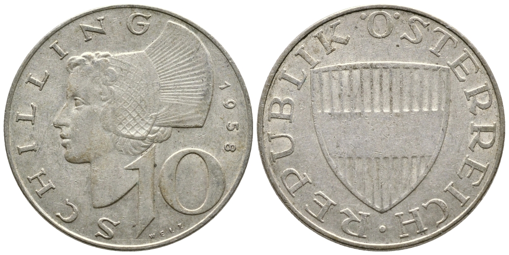 Австрия 10 шиллингов 1958 KM 2882 серебро 4606-917